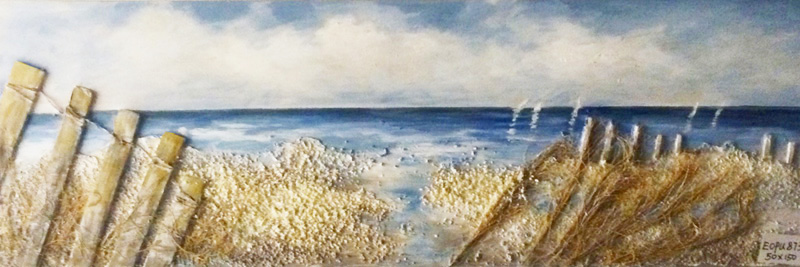 HA101 Wall décor art oil on canvas seascape beach and fence brown tones